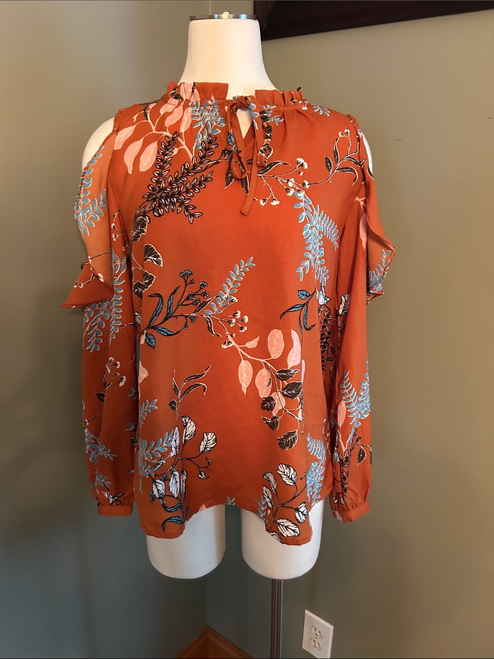 Japna Rust Orange Floral Boho Cold-Shoulder Blouse with Tie Neck